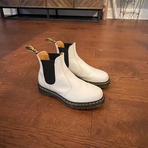 White Dr. Martens, 2976 yellow stitch smooth leather chelsea boot, lightly worn.